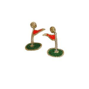 Viola Seed Bead Golf Flag Dangle Earrings Gold Green NWT